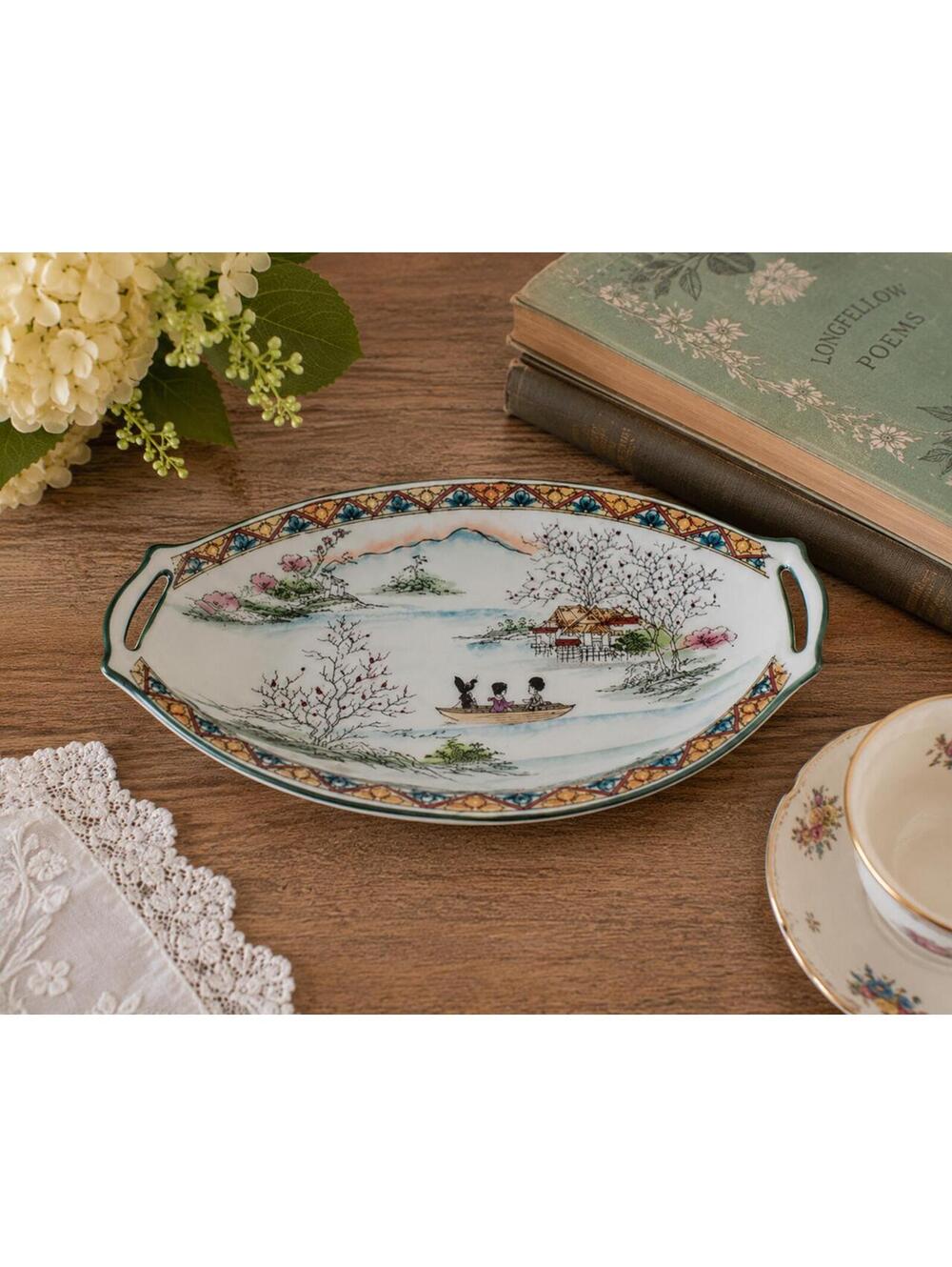 Vintage Japanese Hand-Painted Scenic Porcelain Candy Dish Tray
